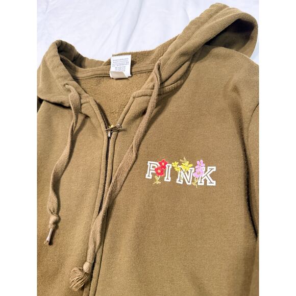 PINK VS Womens Full Zip Up Hoodie Olive Army Green with Flowers XL - Picture 2 of 7